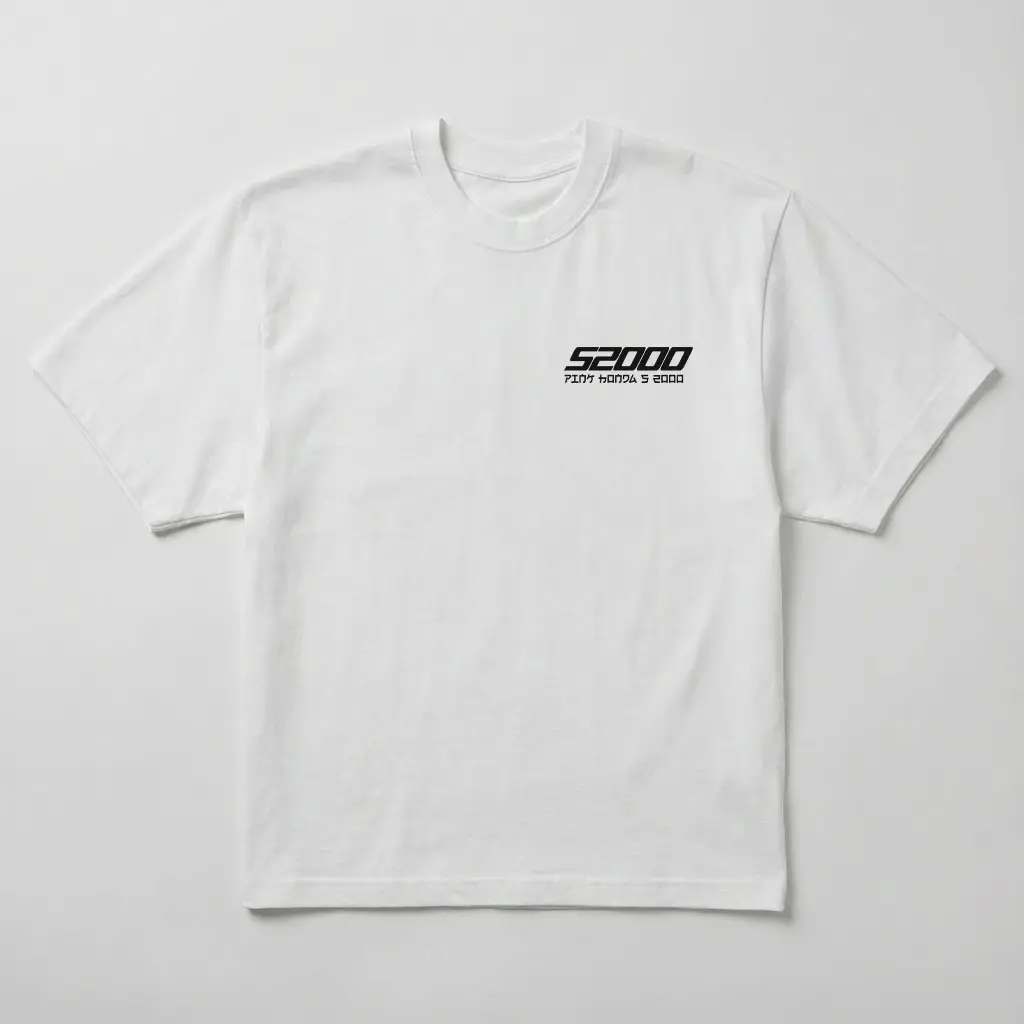 Przód białej koszulki oversize Honda S2000 SUKI z minimalistycznym napisem S2000, streetwear JDM Printiverse